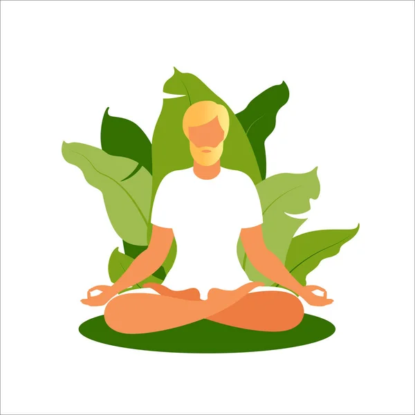 L'uomo medita sullo sfondo della natura. Concetto di meditazione. Uomo seduto in posizione di loto che pratica la meditazione. Illustrazione vettoriale in stile piatto. — Vettoriale Stock