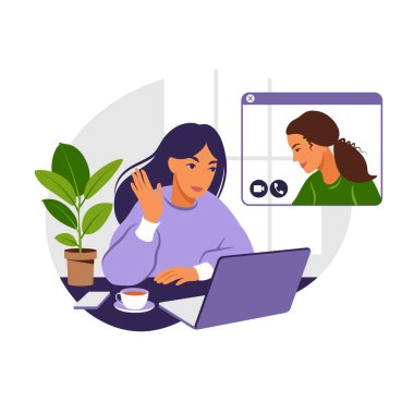 Evdeki ya da ofisteki bilgisayarı olan bir kız. Ekiple video üzerinden iletişim, acil toplantı, uzaktan çalışma, serbest çalışma. Vektör düz resimleme.