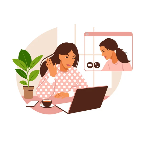 Menina em casa ou no escritório em uma mesa com um laptop. Comunicação com a equipe via vídeo online, reunião urgente, trabalho remoto, freelance. Ilustração plana vetorial. — Vetor de Stock