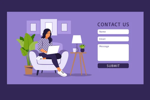 Neem contact met ons op formulier template voor web-en landingspagina. Freelancer meisje werkt thuis op laptop. Online klantenondersteuning, helpdesk concept en callcenter. Vector illustratie in platte. — Stockvector