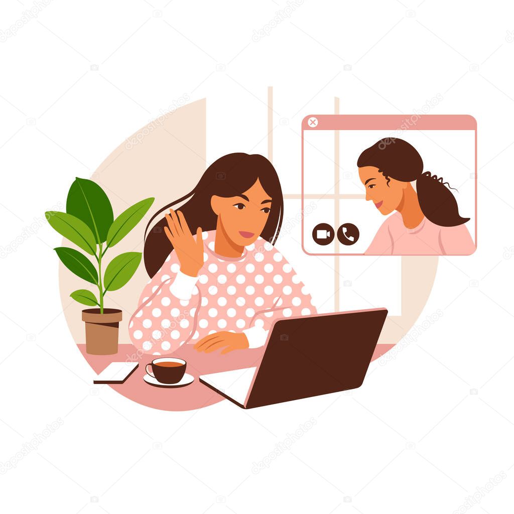 Girl at home or in the office at a desk with a laptop. Communication with the team via video online, urgent meeting, remote work, freelance. Vector flat illustration.