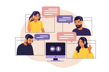 İnsan grubunun video toplantısı. Video konferansı üzerinden çevrimiçi toplantı. Uzaktan çalışma, teknoloji konsepti. Düz biçimli vektör illüstrasyonu.