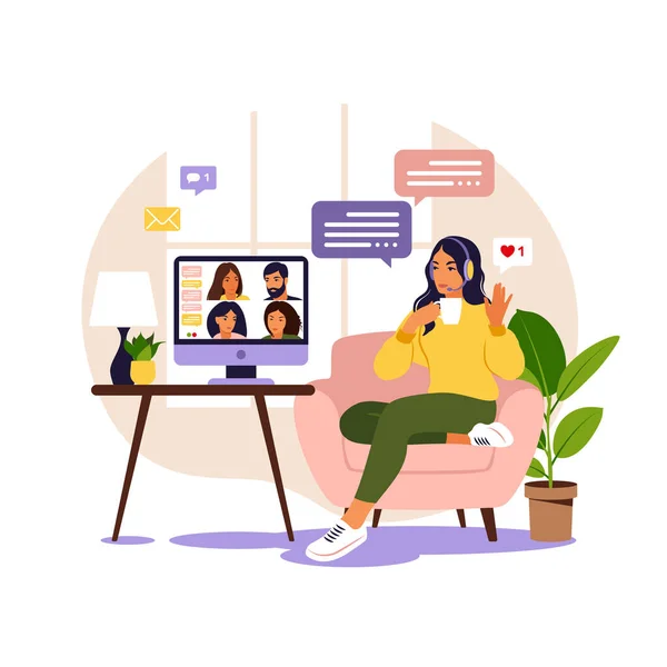 Mujer Que Usa Computadora Para Reuniones Virtuales Colectivas Videoconferencias Grupales — Vector de stock