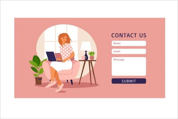 Neem contact met ons op formulier template voor web-en landingspagina. Vrouwelijke klant in gesprek met cliënt. Online klantenondersteuning, helpdesk concept en callcenter. Vector illustratie in platte. — Stockvector