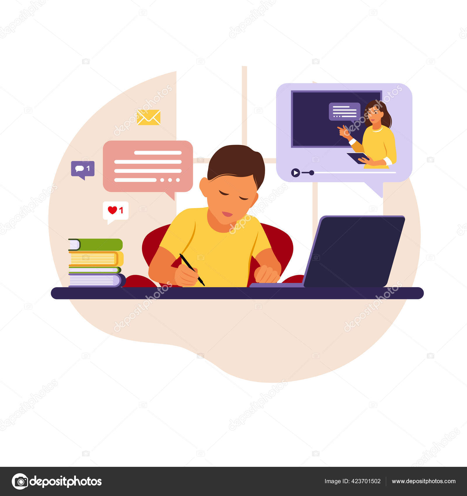 African girl friends chat online. Girl sitting in a chair in front of a  laptop and speaks with friend. Video conference, online chat concept.  Working or online meeting from home. Vector illustration.