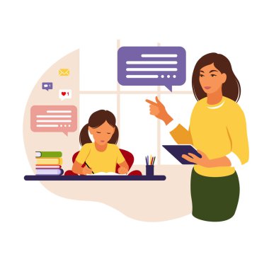 Kadın öğretmen kıza evde ya da okulda öğretiyor. Okul, eğitim ve evde eğitim için kavramsal illüstrasyon. Öğretmen kıza ödevlerinde yardım ediyor. Düz biçim vektör illüstrasyonu.