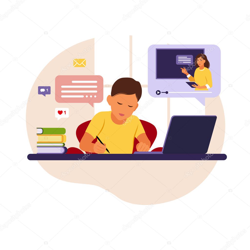 Boy sitting behind his desk studying online using his computer. Illustration with work table, laptop, books. Flat vector.