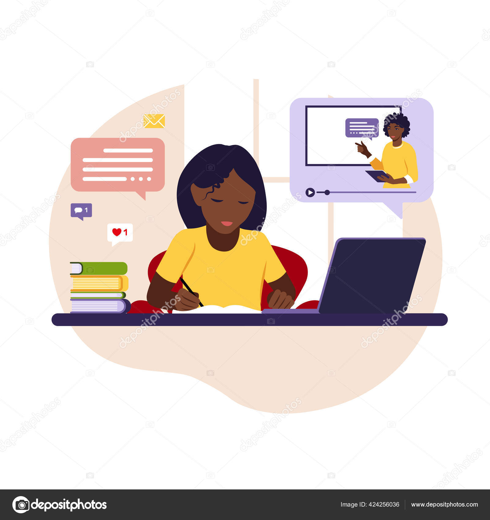 Girl friends chat online. Girl sitting in a chair in front of a laptop and  speaks with friend. Video conference, online chat concept. Working or online  meeting from home. Vector flat illustration.