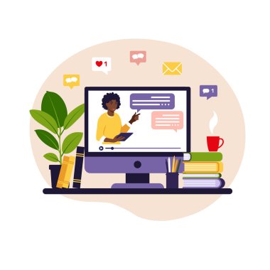 Çevrimiçi öğrenme kavramı. Kara tahtada Afrikalı öğretmen, video dersi. Okulda mesafe çalışması. Vektör çizimi. Düz biçim.