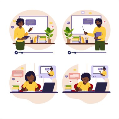 Çevrimiçi öğrenme kavramı. Kara tahtada Afrikalı öğretmenler. Afrikalı çocuklar onun masasında oturup bilgisayarını kullanarak online ders çalışıyorlar. Vektör çizimi. Düz biçim.