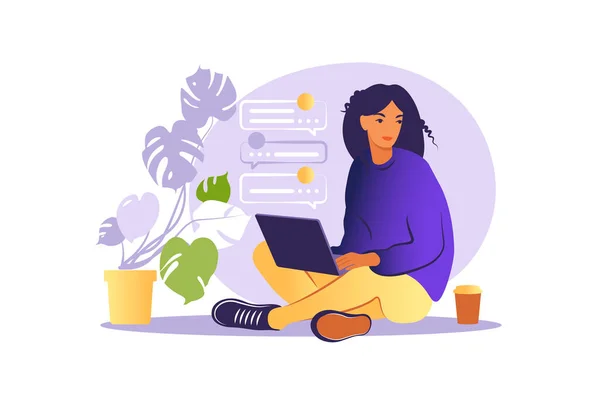 Mujer Sentada Con Laptop Ilustración Conceptual Para Trabajar Estudiar Educar — Vector de stock