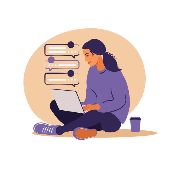 Γυναίκα Κάθεται Φορητό Υπολογιστή Εικόνα Έννοιας Για Την Εργασία Σπουδές — Διανυσματικό Αρχείο