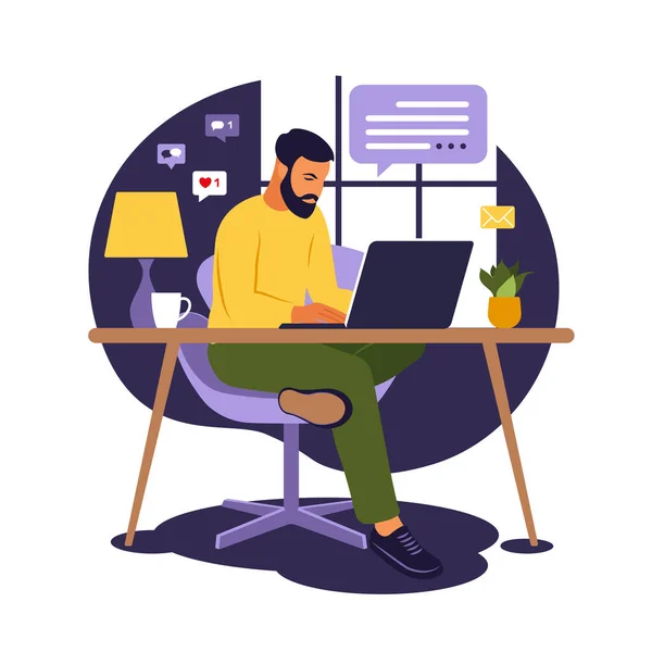 Concept de bureau à domicile, homme travaillant à la maison. Étudiant ou pigiste. Freelance ou concept d'étude. Illustration vectorielle. Style plat. — Image vectorielle