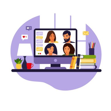 İnsan grubunun video toplantısı. Video konferansı üzerinden çevrimiçi toplantı. Uzaktan çalışma, teknoloji konsepti. Düz biçimli vektör illüstrasyonu.