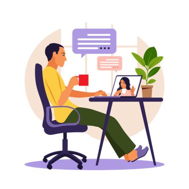 Bilgisayar konferansı kullanan bir adam. Masaüstünde arkadaşınla sohbet eden bir adam. Video konferansı, uzaktan çalışma, teknoloji konsepti. Vektör illüstrasyonu.