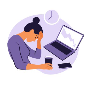 Profesyonel tükenme sendromu. Çizim, masada oturan yorgun kadın ofis çalışanı. Hüsrana uğramış işçiler, akıl sağlığı sorunları. Düz biçimli vektör illüstrasyonu.