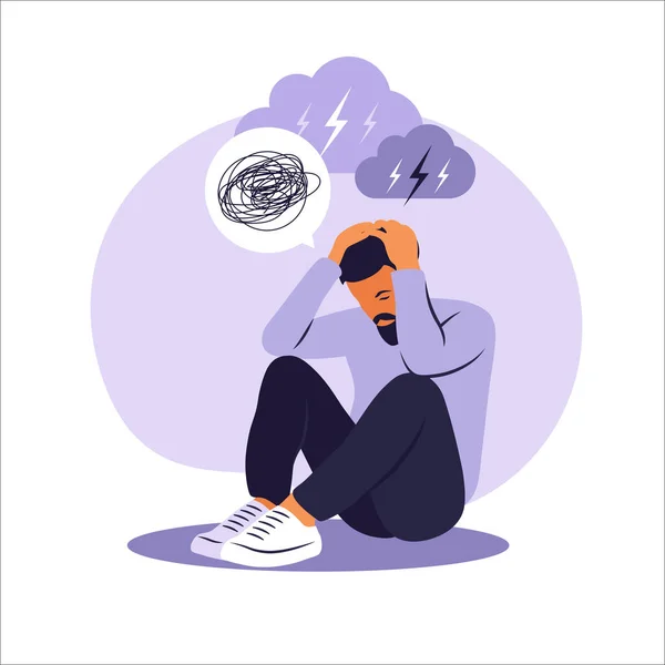 Depressed sad man thinking over problems. Bankruptcy, loss, crisis, trouble concept. — Stock Vector