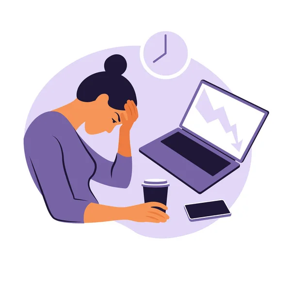 Sindrome da burnout professionale. Illustrazione stanco impiegato femminile seduto al tavolo. Lavoratore frustrato, problemi di salute mentale. Illustrazione vettoriale in stile piatto. — Vettoriale Stock