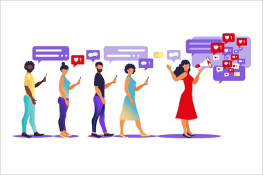 Karakterler - pazarlama kavramını etkileyen - düz basit tasvir ile vektör çizimi - takipçileri için blog promosyonu hizmetleri ve mallar İnternet üzerinden