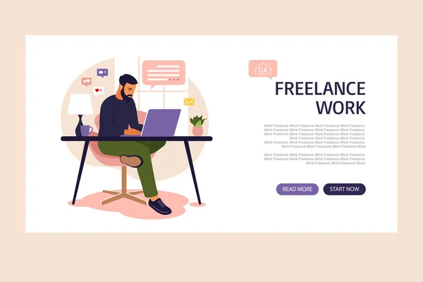 男はソファに座って自宅でオンラインで働いています。家で働いてる。着陸ページ。フリーランス、オンライン教育、ソーシャルメディアの概念。白いベクトル図。平式. — ストックベクタ