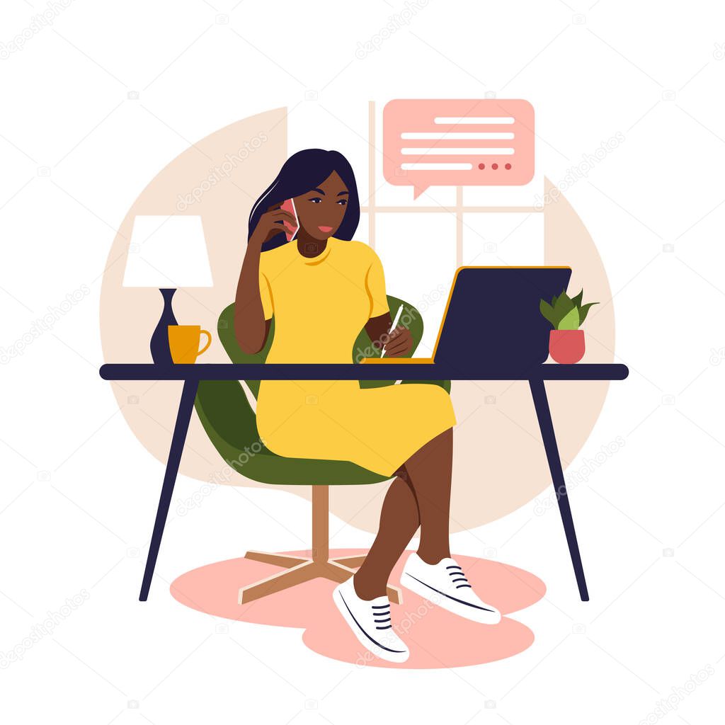 African woman sitting table with laptop and phone. Working on a computer. Freelance, online education or social media concept. Studying concept. Flat style.