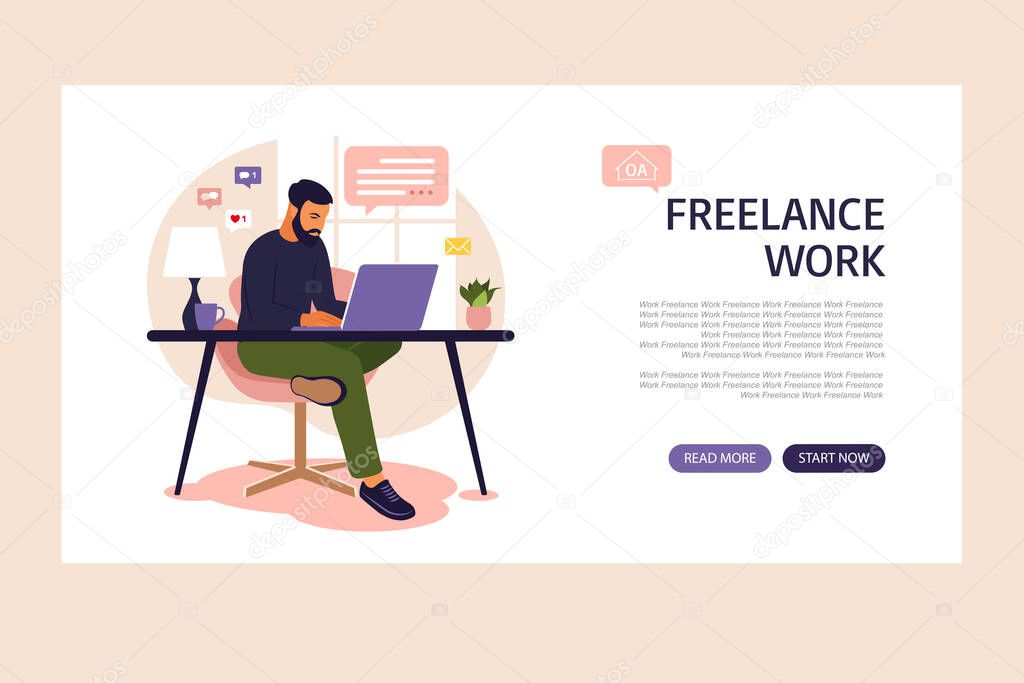 Man sitting in a sofa and working online at home. Home working . Landing page. Freelance, online education or social media concept. Vector illustration isolated on white. Flat style.