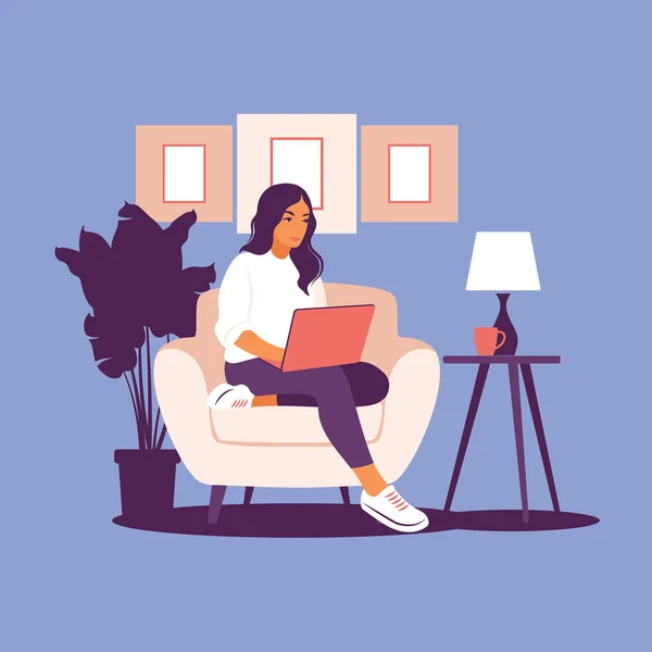 Mujer Sentada Con Laptop Ilustración Conceptual Para Trabajar Estudiar Educar — Vector de stock