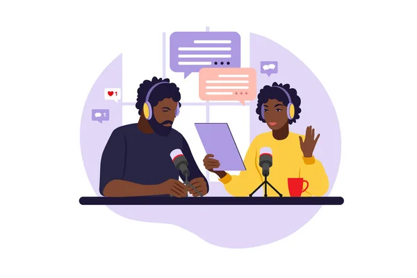 Gente Africana Grabando Podcast Estudio Host Radio Con Ilustración Vectores — Vector de stock