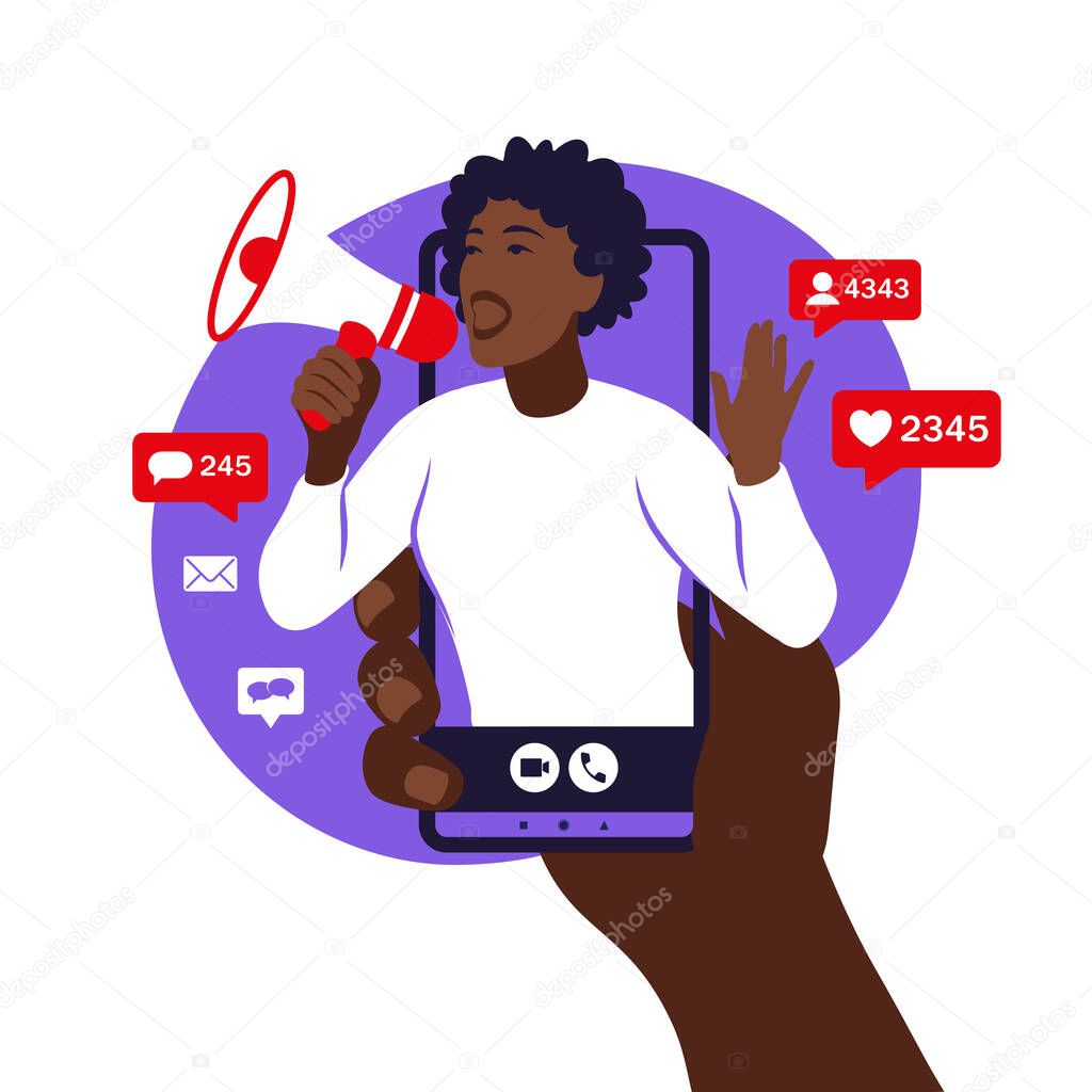 Hands holding smartphone with a african girl shouting in loud speaker. Influencer marketing, social media or network promotion. Blogger promotion services and goods for her followers online. Vector.