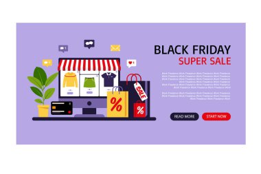 İnternetten alışveriş. Kara Cuma. İniş sayfası şablonu. Web tasarımı için modern düz konsept. Satılık. Vektör çizimi. Düz biçim.