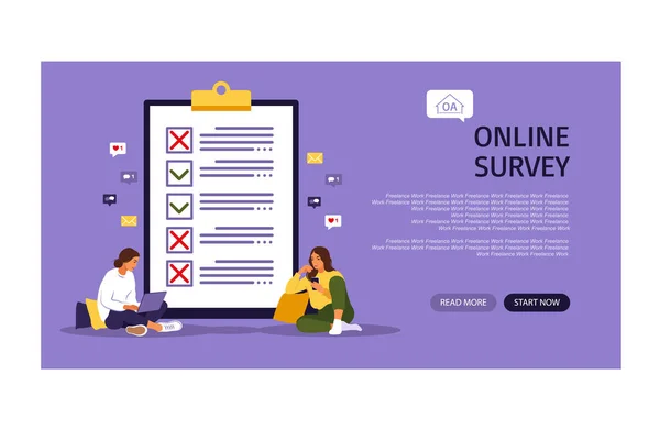 Survey of customer satisfaction. Piece of paper with ticks and crosses. Landing page. Small people characters fill out a form. Vector illustration. Flat style. — Stock Vector