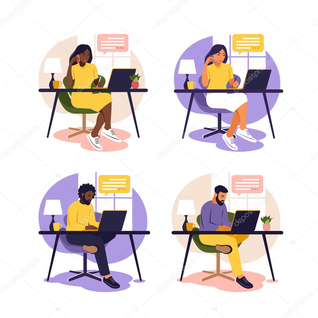 Woman and man sitting table with laptop and phone. Working on a computer. Freelance, online education or social media concept. Studying concept. Flat style.