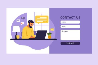 Ağ için şablon oluştur. Kulaklık takmış müşteri hizmetleri görevlisi müşteriyle konuşuyor. İniş sayfası Online müşteri desteği. İllüzyon. Vektör.