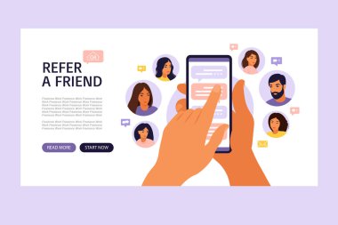 Arkadaş konseptine atıfta bulunarak, karikatür ellerin arkadaş kontaklarının olduğu bir telefon tutmasını söyle. Referans pazarlama stratejisi pankartı, iniş sayfası şablonu, ui, web, mobil uygulama, poster, afiş, broşür.