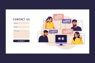 Ağ için şablon oluştur. İnsan grubunun video toplantısı. Video konferansı üzerinden çevrimiçi toplantı. Uzaktan çalışma, teknoloji konsepti. Düz biçimli vektör illüstrasyonu.