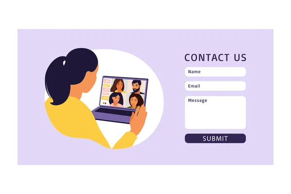 Web用のフォームテンプレートをお問い合わせください 集合的な仮想会議やグループビデオ会議のためのコンピュータを使用して女性 リモートワーク 技術コンセプト イラスト ベクトル — ストックベクタ