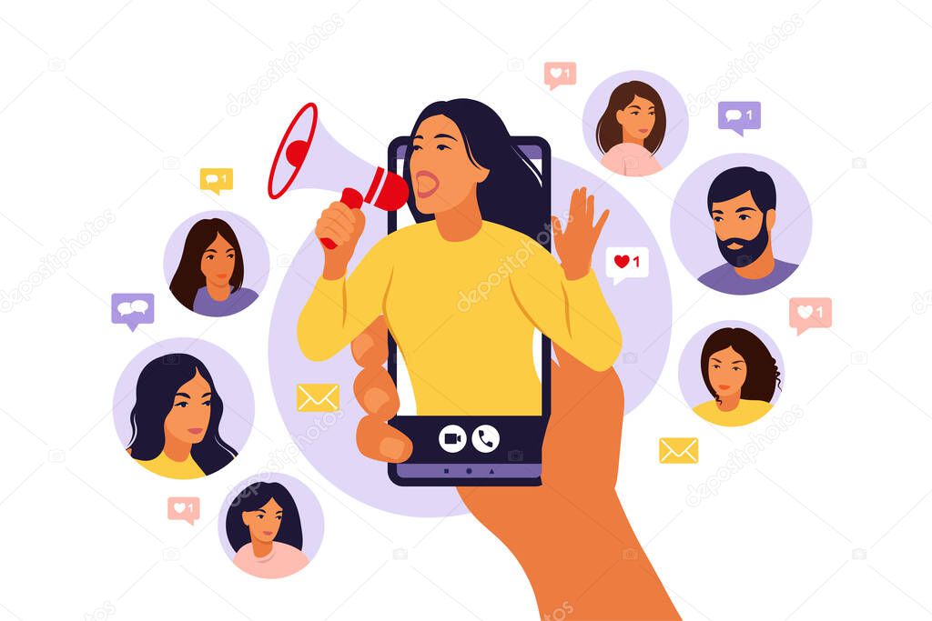 Hands holding smartphone with a girl shouting in loud speaker. Influencer marketing, social media or network promotion. Blogger promotion services and goods for her followers online. Vector.