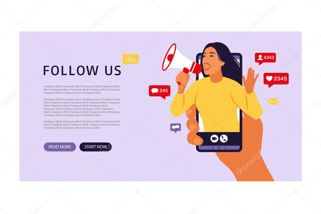 Hands holding smartphone with a girl shouting in loud speaker. Influencer marketing, social media or network promotion. Landing page. Vector illustration. Flat.