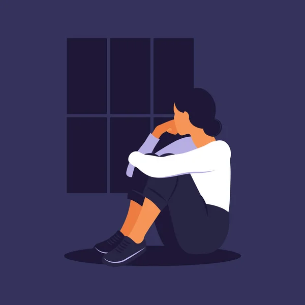 Frau Depressionen Mit Verwirrten Gedanken Kopf Ein Junges Trauriges Mädchen — Stockvektor