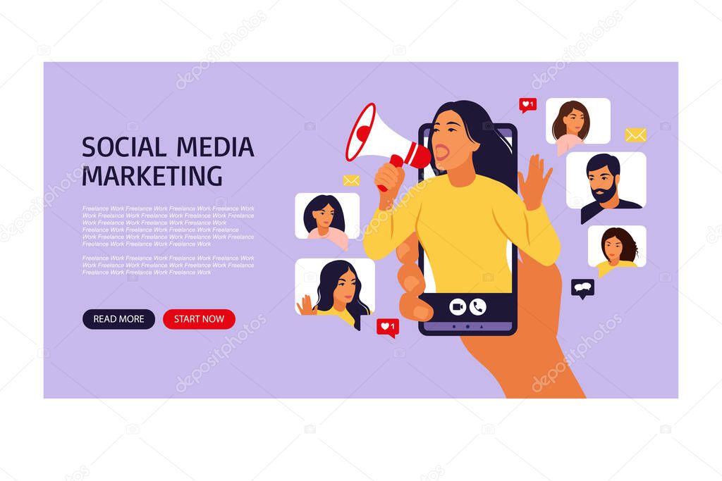 Woman in smartphone shouting in loud speaker. Influencer or social marketing banner, flyer, web page. Social media account promotion, audience or followers growth. People hold mobile phones and chat.