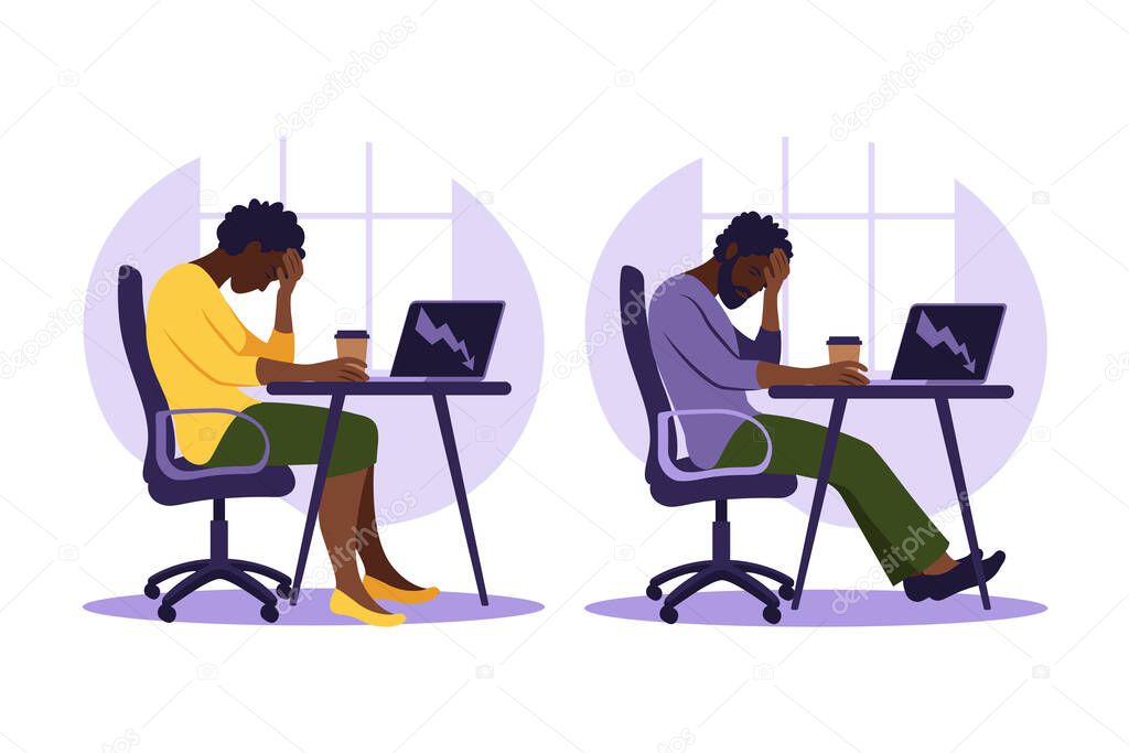 Professional burnout syndrome. Illustration tired african female and man office worker sitting at the table. Frustrated worker, mental health problems. Vector illustration in flat style.