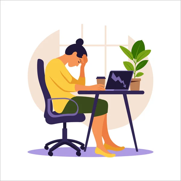 Profi kiégési szindróma. Illusztráció fáradt női irodai dolgozó ül az asztalnál. Frusztrált munkás, mentális problémák. Vektor illusztráció lapos stílusban. — Stock Vector