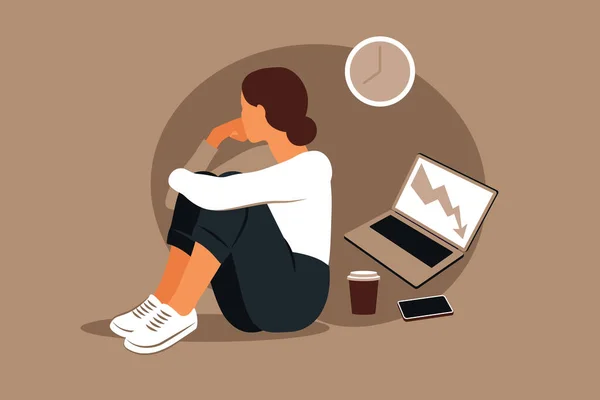 Síndrome de burnout profissional. Ilustração cansada trabalhadora de escritório sentada à mesa. Trabalhador frustrado, problemas de saúde mental. Ilustração vetorial em estilo plano. —  Vetores de Stock