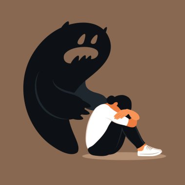 Korku ya da panik atak. Kendi gölgesinden korkan, başı eğik üzgün bir kadın. Depresyon, yalnızlık, endişe konsepti.