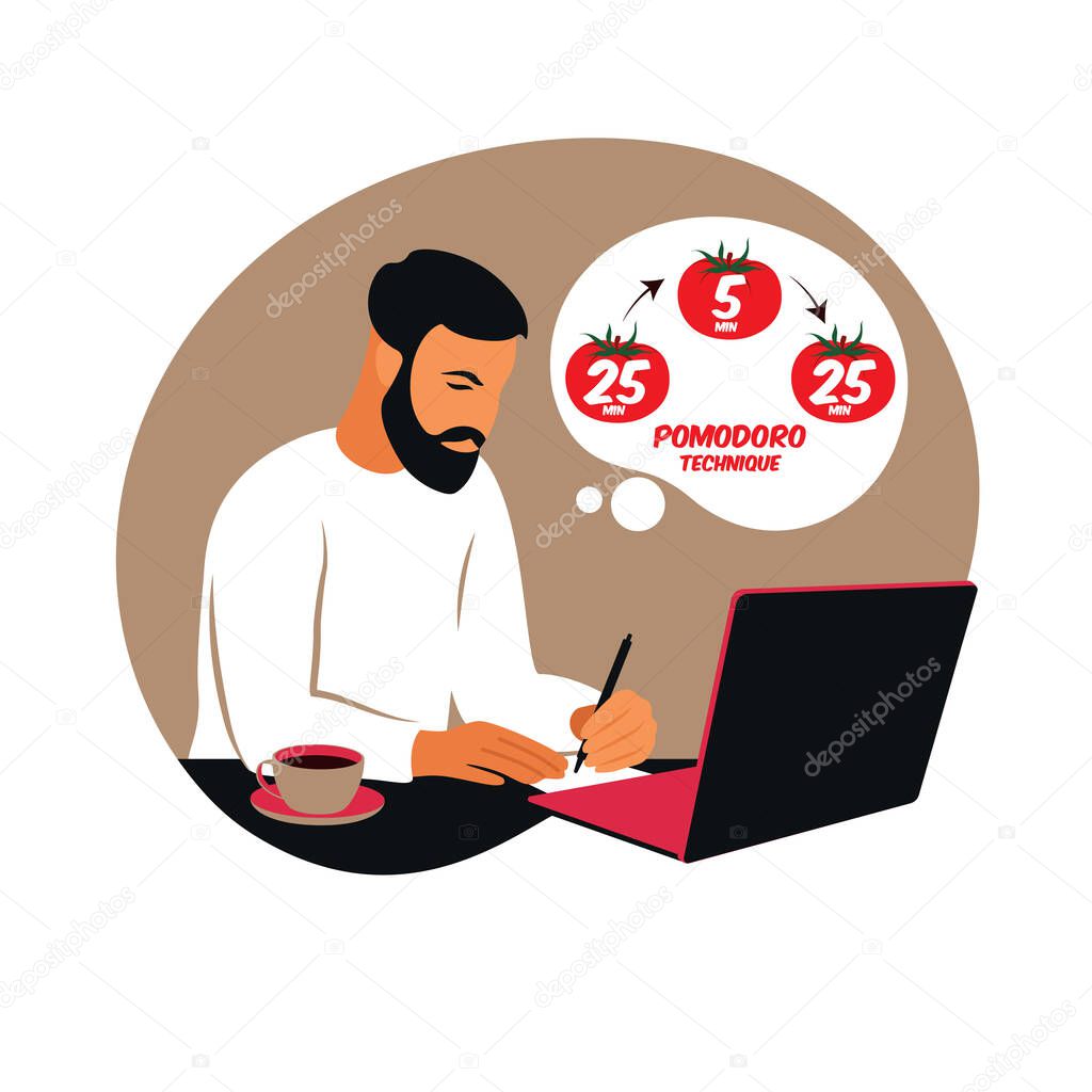 Man manager working with computer using time management. Pomodoro technique concept. Vector. Flat.