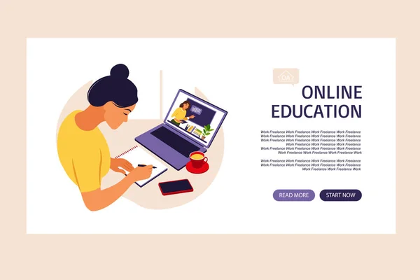 Online learning concept. Online education landing page. Teacher at chalkboard, video lesson. Distance study at school. Vector illustration. Flat style. — Stock Vector