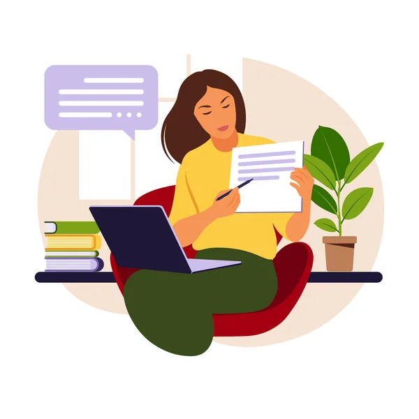 African girl friends chat online. Girl sitting in a chair in front of a  laptop and speaks with friend. Video conference, online chat concept.  Working or online meeting from home. Vector illustration.