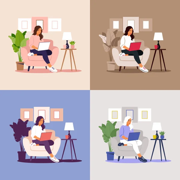 Kvinnan sitter med laptop. Begreppet illustration för arbete, studier, utbildning, arbete hemifrån, hälsosam livsstil. Kan användas för bakgrunder, infografik, hjältebilder. Platt. Vektorillustration. — Stock vektor