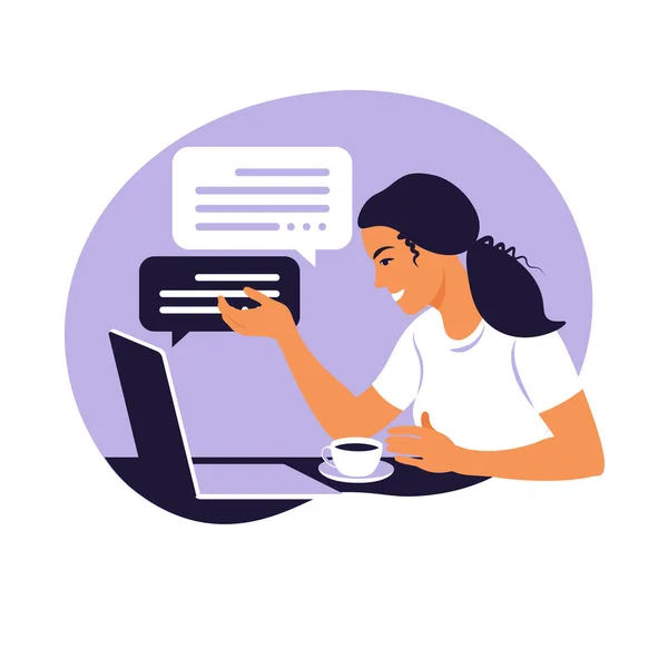 Una mujer trabaja en una computadora portátil y habla por teléfono sentado en una mesa en casa con una taza de café y papeles. Ilustración vectorial. Plano. — Vector de stock