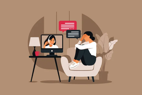 压力和抑郁下的在线治疗和咨询。年轻的女性心理治疗师支持有心理问题的女性。B.病媒 — 图库矢量图片
